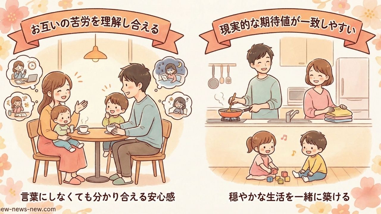 シングルマザーの再婚相手にシングルファーザーが選ばれる理由を解説したイラスト。左側は「お互いの苦労を理解し合える」をテーマに育児や仕事の大変さを共感し合う様子、右側は「現実的な期待値が一致しやすい」をテーマに協力して家事をこなす穏やかな生活の様子が描かれています。