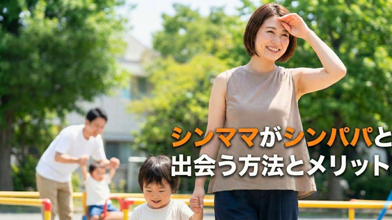 晴れた公園で子どもと手を繋ぎ笑顔を見せるシングルマザーと、背景で遊ぶシングルファーザーの親子の写真。「シンママがシンパパと出会う方法とメリット」というタイトルが入ったアイキャッチ画像。