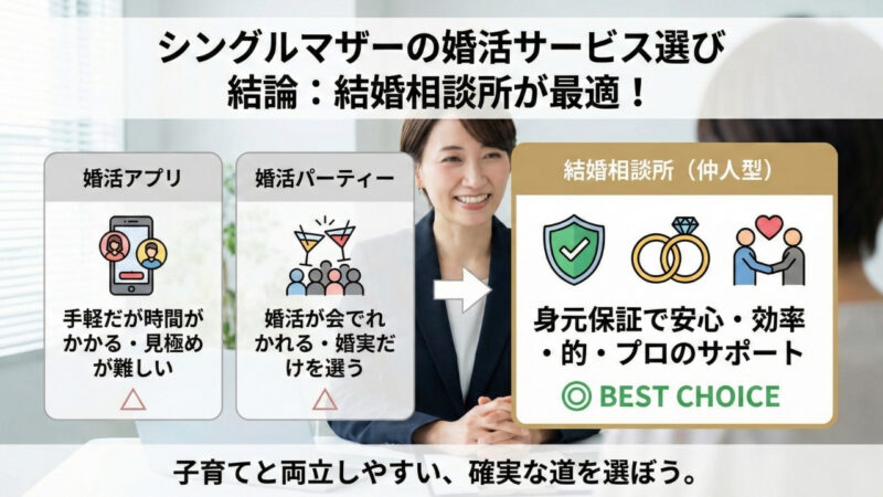 シングルマザーの婚活サービス比較インフォグラフィック（背景：結婚相談所の女性カウンセラー）。婚活アプリとパーティーは「時間がかかる・見極めが難しい」ため△。一方、結婚相談所（仲人型）は「身元保証で安心・効率的・プロのサポート」があり、子育てと両立しやすい「◎ BEST CHOICE」な選択肢であると図解している