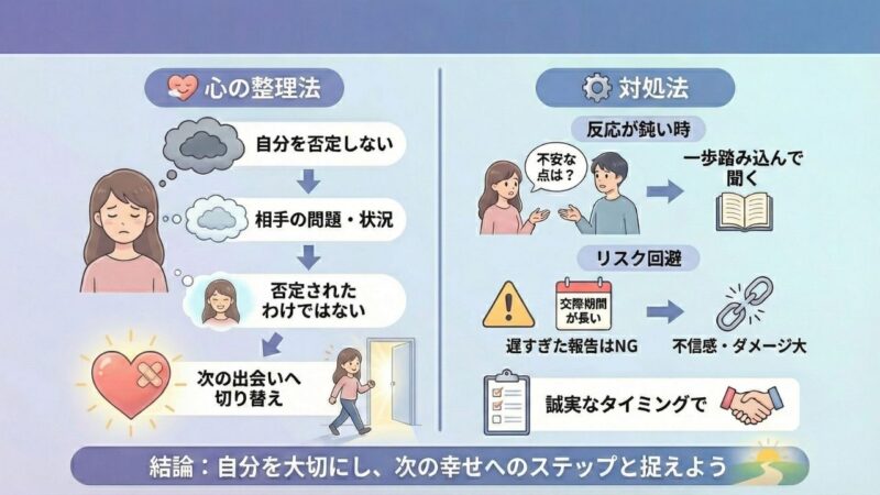 シングルマザーが婚活で子どもの存在を受け入れられなかった時の「心の整理法」と「対処法」をまとめたインフォグラフィック。左側では「自分自身が否定されたわけではないと理解し、次の出会いへ気持ちを切り替える」という心の整理法を図解。右側では「相手の反応が鈍い時は一歩踏み込んで聞く」「報告が遅すぎるリスクを回避し誠実なタイミングで伝える」という具体的な対処法を解説し、最後は「自分を大切にし、次の幸せへのステップと捉えよう」という前向きな結論で締めくくっている。