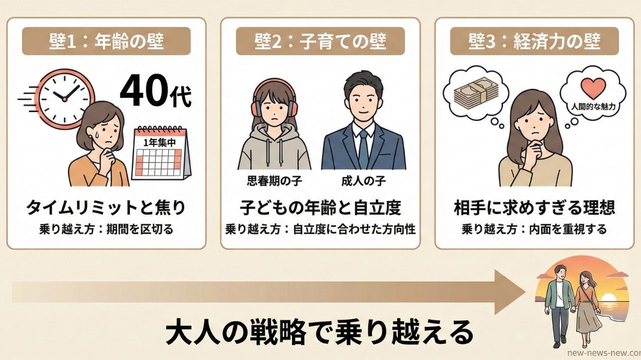 40代シングルマザーが婚活で直面する「3つの壁」と、それを「大人の戦略」で乗り越える方法を示したインフォグラフィック。左から順に「壁1:年齢の壁(タイムリミットと焦り→期間を区切る)」、「壁2:子育ての壁(子どもの年齢と自立度→自立度に合わせた方向性)」、「壁3:経済力の壁(相手に求めすぎる理想→内面を重視する)」という3つのパネルがあり、それぞれ課題と解決策がイラストとテキストで描かれている。これらの壁を乗り越えた先に、夕暮れの浜辺を笑顔で歩くカップルの姿があり、「大人の戦略で乗り越える」というメッセージへと繋がっている。