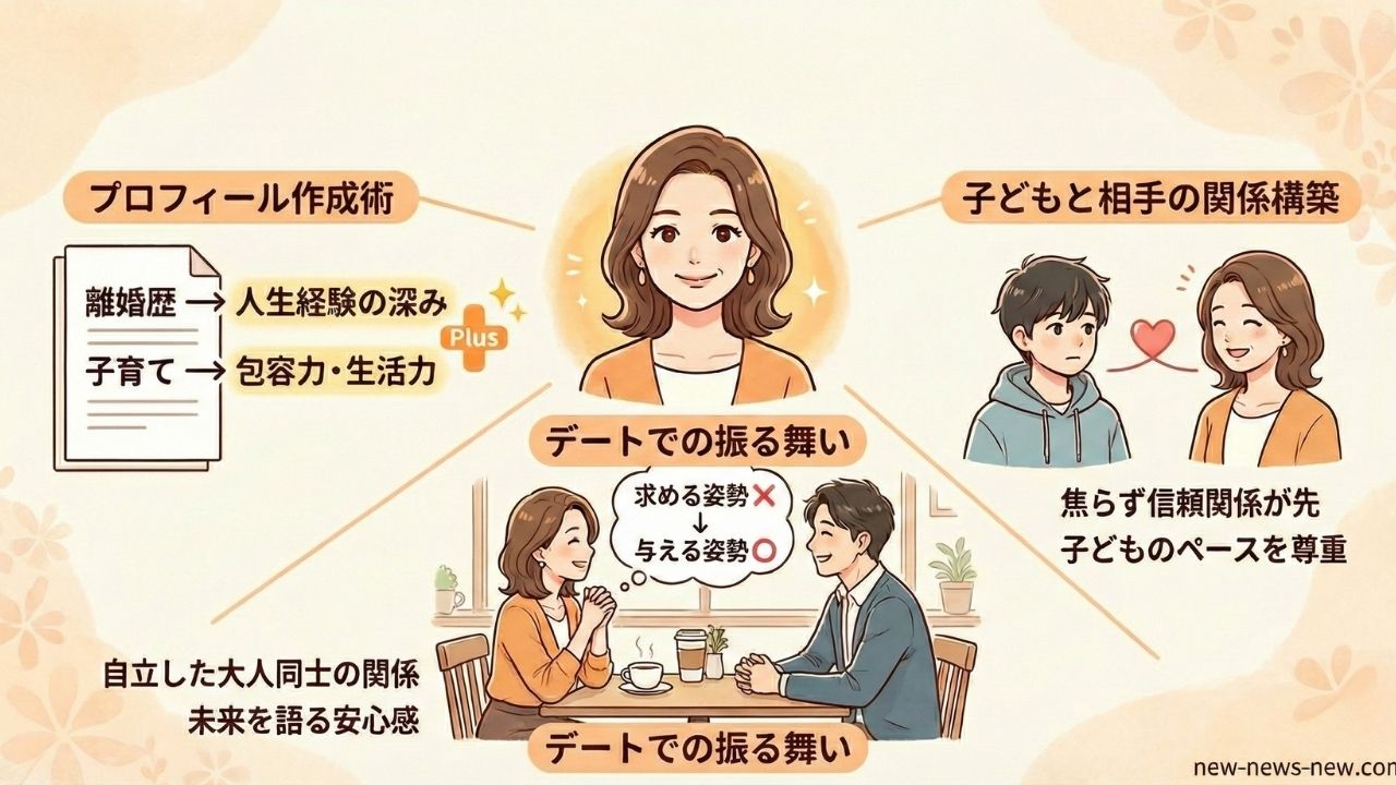 Gemini の回答 40代シングルマザーが婚活で魅力をアピールするための3つのポイント(プロフィール作成術、子どもと相手の関係構築、デートでの振る舞い)を解説したイラスト。離婚歴や子育て経験をポジティブに伝え、子どもとは焦らず信頼関係を築き、デートでは自立した大人の姿勢で接することを推奨している。