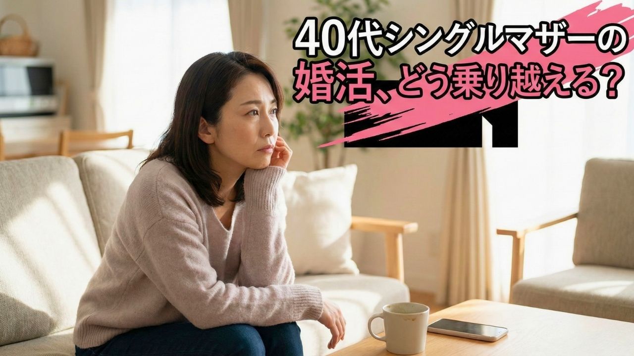 リビングのソファで頬杖をつき、婚活に一歩踏み出せずに悩んでいる様子の40代シングルマザー。画像内のテキスト：「40代シングルマザーの婚活、どう乗り越える？」