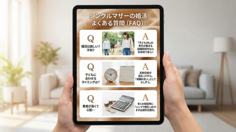タブレットに表示されたシングルマザーの婚活に関するよくある質問（FAQ）。婚活は厳しいか、子どもに会わせるタイミング、費用についてのQ&Aがまとめられています