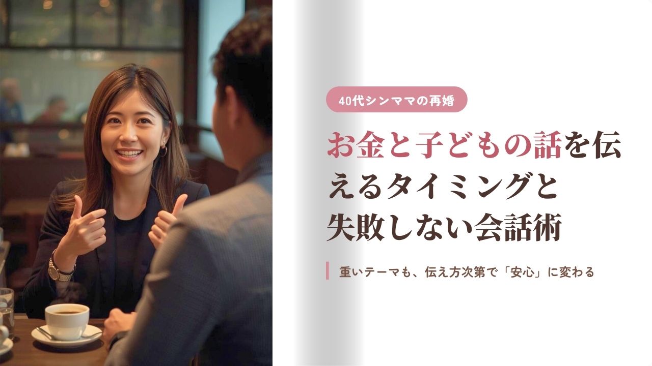カフェで真剣な話をする40代の女性と、向かいに座る男性の後ろ姿。40代シングルマザーの再婚において、お金や子どもの話を伝えるベストなタイミングと失敗しない会話術を解説するアイキャッチ画像。
