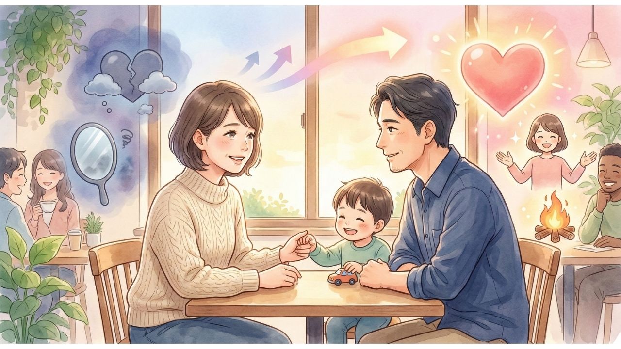 日本のマンガスタイルの柔らかいイラスト。夕方の温かい光が差し込むカフェで、40代の日本人女性がショートヘアで希望に満ちた笑顔で座っている。隣には小さな男の子が母親の手を握り、おもちゃの車で遊んでいる。向かいに座った誠実な40代日本人男性が、女性を深い愛情と賞賛の眼差しで見つめ、話を熱心に聞いている。女性の後ろには、罪悪感（曇ったハート）と自信喪失（曇った鏡）のアイコンが溶け出す様子が、男性と子供の後ろには、母性愛（大きなハート）と強さ（キャンプファイヤー）の輝くアイコンが、それぞれ対比して描かれている。女性の頭上の上向きの矢印が、悩みから前向きなエネルギーへの変化を示している。