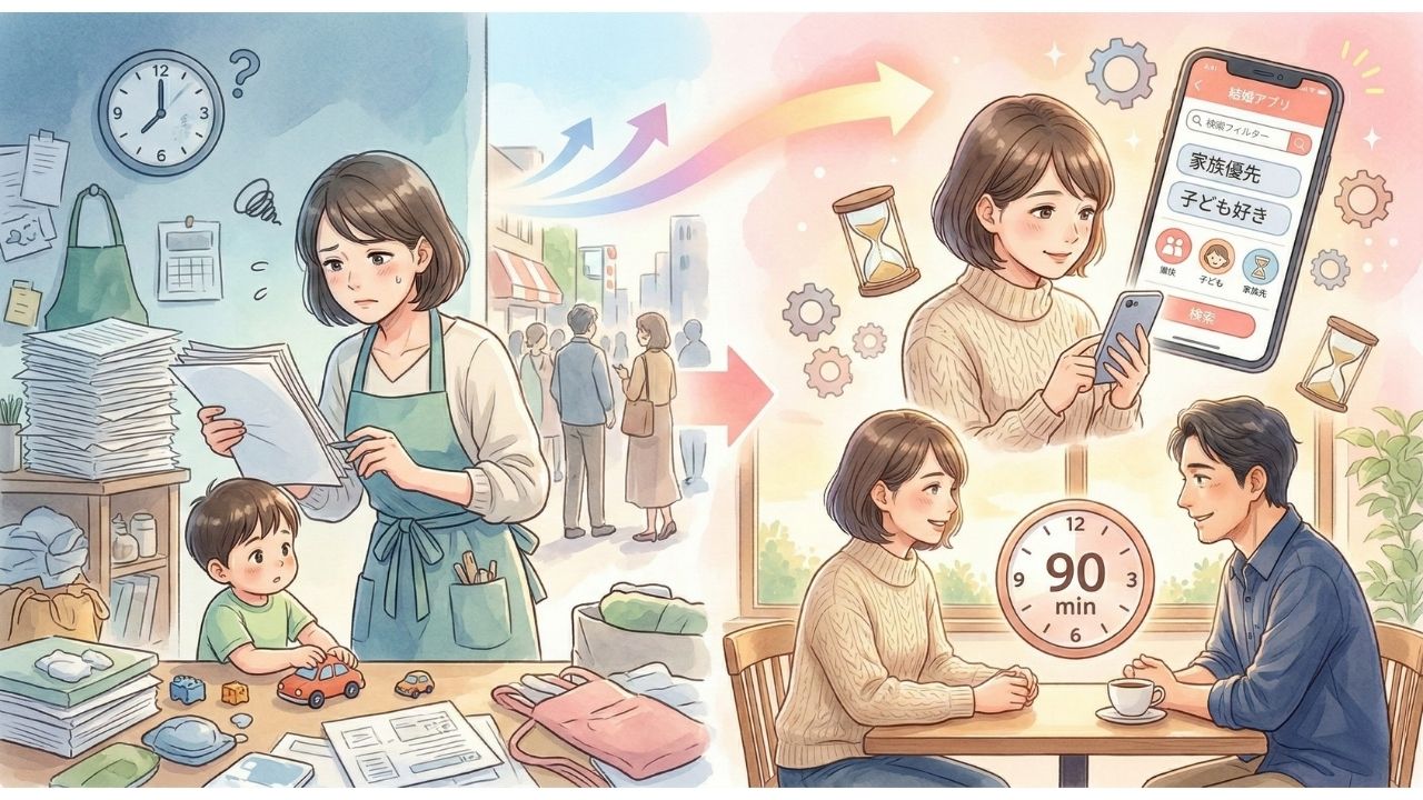 日本のマンガ風の柔らかいイラスト。画像は左右に分割され、寒色系の Before と暖色系の After が対比されている。左側の Before では、疲れたショートヘアのシングルマザーが、エプロン姿で家事、育児（横で男の子がぐずっている）、仕事の書類に追われ、散らかった部屋の中で時間がない worries にさいなまれている様子が寒色系で描かれている。右側の After では、同じ女性が image_110.png と同じニットセーターを着て、明るい表情で暖色系の光に包まれている。右上には女性がスマートフォンを持ち、婚活アプリの画面で日本語テキストの『家族優先』『子ども好き』と対応するアイコンで事前スクリーニングをしている様子が、右下には image_110.png と同じ誠実な男性とカフェで笑顔で会話しており、テーブルの時計に日本語で『90分』と書かれている90分お茶デートの様子が描かれている。左から右へ、光と矢印が流れ、時間効率化とスマートな選択を象徴している。After セクションには砂時計や歯車のアイコンが浮いている。
