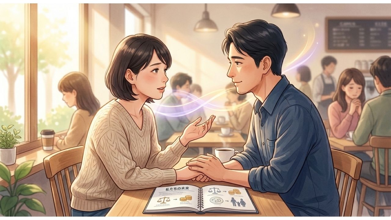 日本のマンガ風の柔らかいイラスト。夕方の温かい光が差し込むカフェで、これまでの画像と同じ40代の日本人男女が向かい合って座っています。女性は穏やかで真剣な表情で語りかけ、男性はテーブルの上で彼女の手に優しく手を添えながら、微笑んで話を聞いています。テーブルの中央には「私たちの未来」という文字とともに、天秤（バランス）、お金、家族のアイコンが描かれたノートが開かれています。二人の間には、誠実な対話と深い相互理解を象徴する光の波（リボン）が結ばれており、デリケートな課題を二人で一緒に乗り越えようとする温かい様子が表現されています。