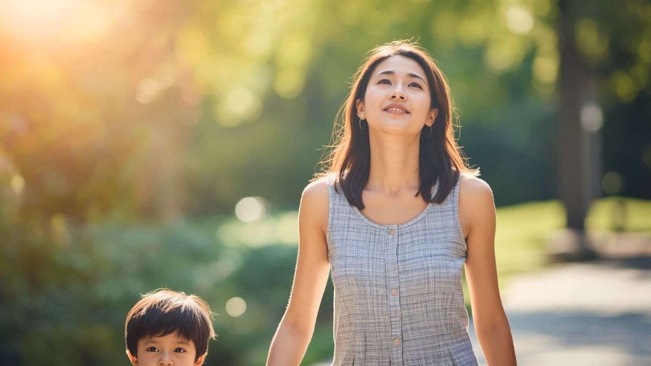 子どもへの罪悪感を捨て、子どものためにも新たなパートナーを探す決意をしたシングルマザー。子どもと手をつなぎ、公園を歩いている。