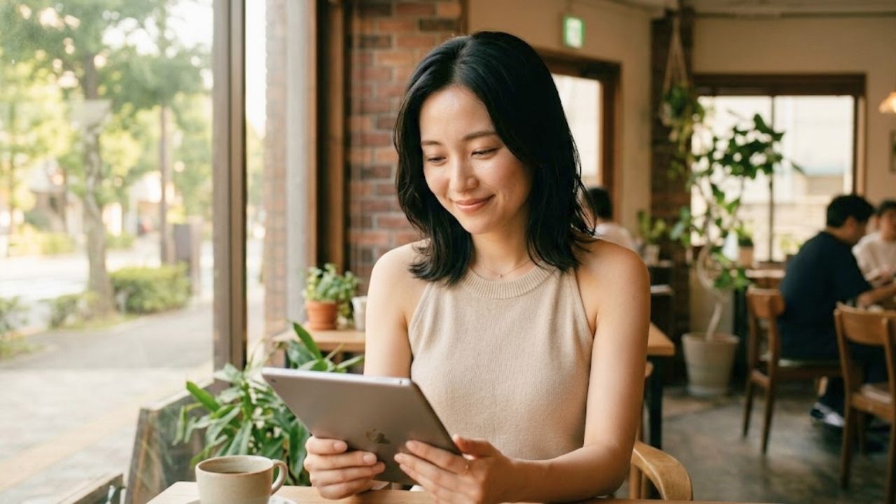 恋愛経験がないのは自分だけではないと知り、タブレットを見ながらホッと安心した笑顔を見せる20代女性のイメージ