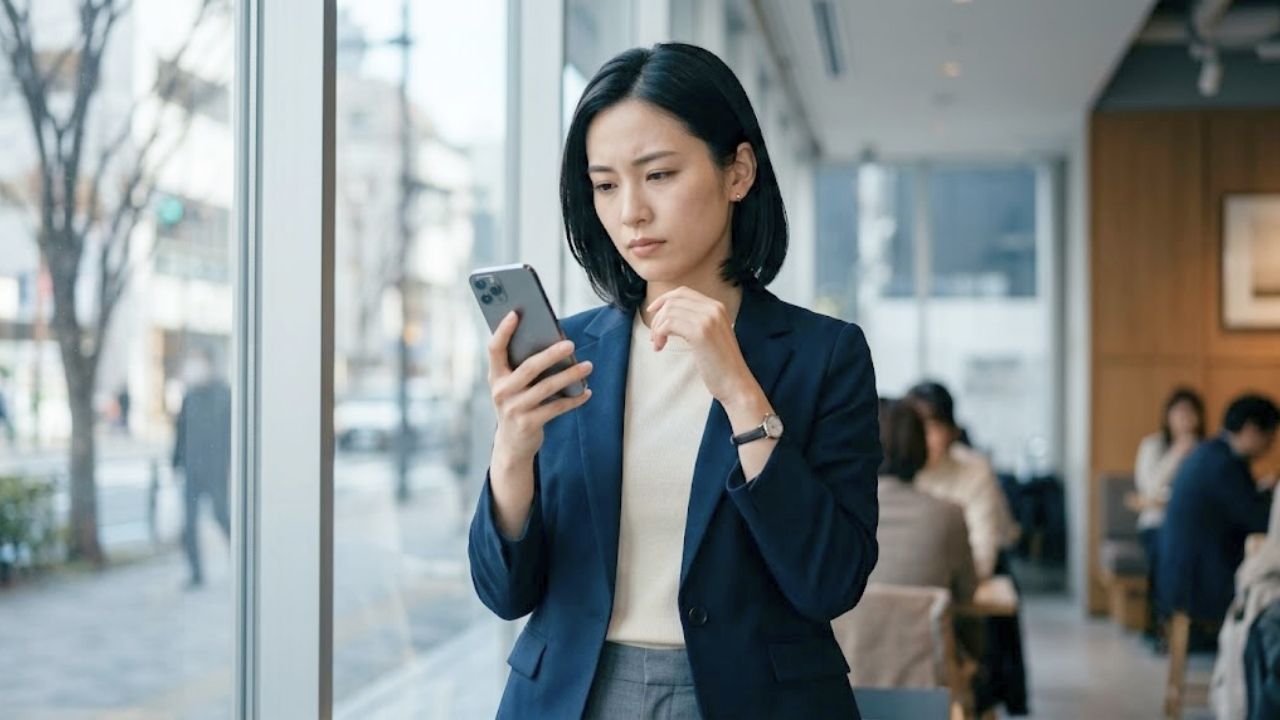 相手からの怪しい誘いや違和感を冷静に見極め、自分の身を守るために凛とした表情でスマートフォンを見つめる20代女性のイメージ