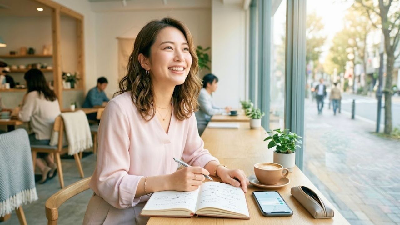 自分の目的に合った恋活・婚活のロードマップを見つけ、手帳とスマートフォンを広げて前向きに計画を立てる20代女性のイメージ