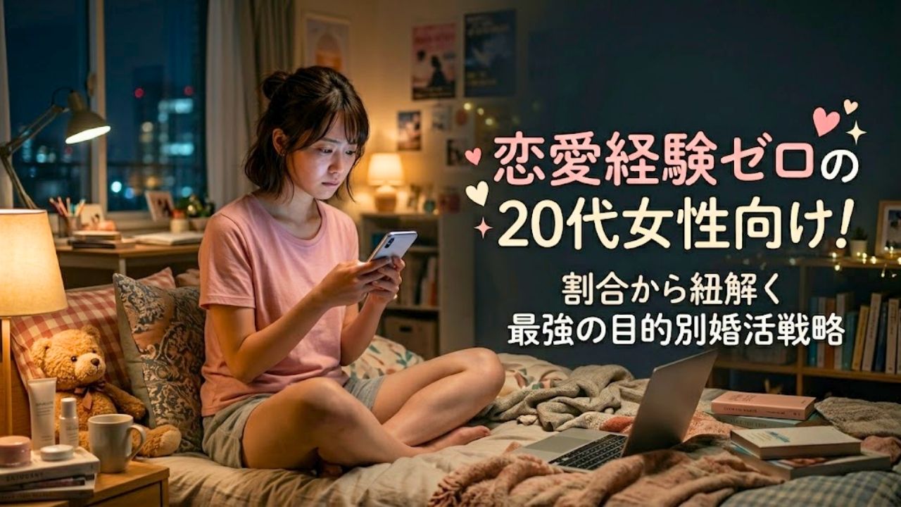 恋愛経験ゼロの20代女性向け！割合から紐解く最強の目的別婚活戦略（夜の自室でスマートフォンを見つめ恋愛について悩む20代女性とタイトルがデザインされたアイキャッチ画像）