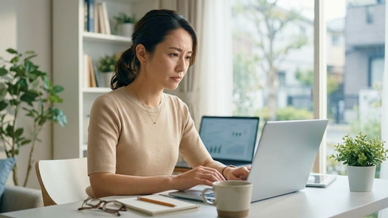 ノートパソコンを開き、婚活市場のリアルな現実や情報と真剣に向き合う30代女性のイメージ
