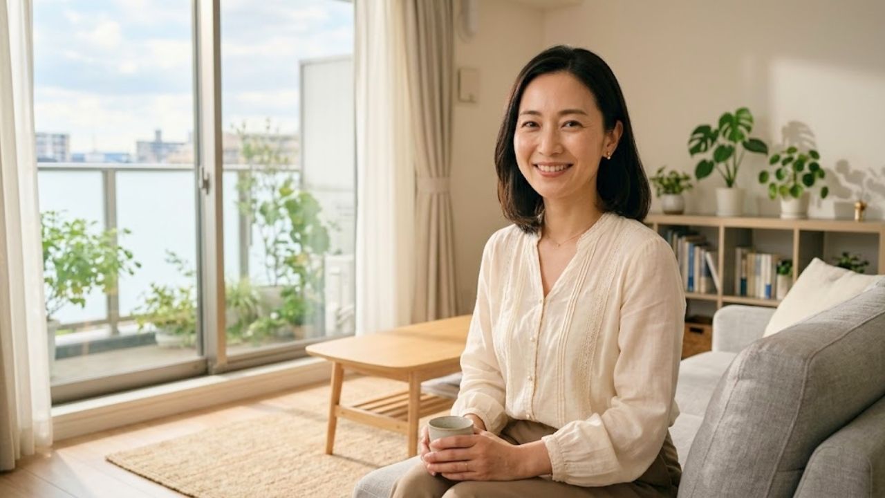 自身の真面目さや家庭的な魅力を強みとして認識し、明るい部屋で穏やかで自信に満ちた笑顔を見せる30代女性のイメージ