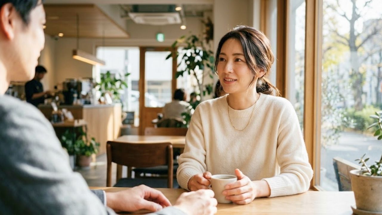 経験不足の壁を乗り越え、カフェで相手の話に笑顔で耳を傾けながら自然体でコミュニケーションを楽しむ30代女性のイメージ