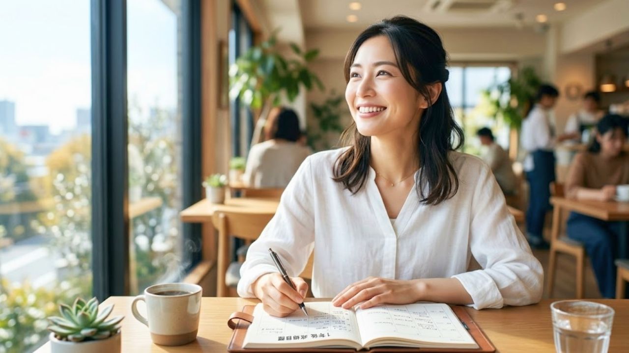 最短1年での成婚を目指し、手帳を開いて前向きに婚活の計画を立てる30代女性のイメージ