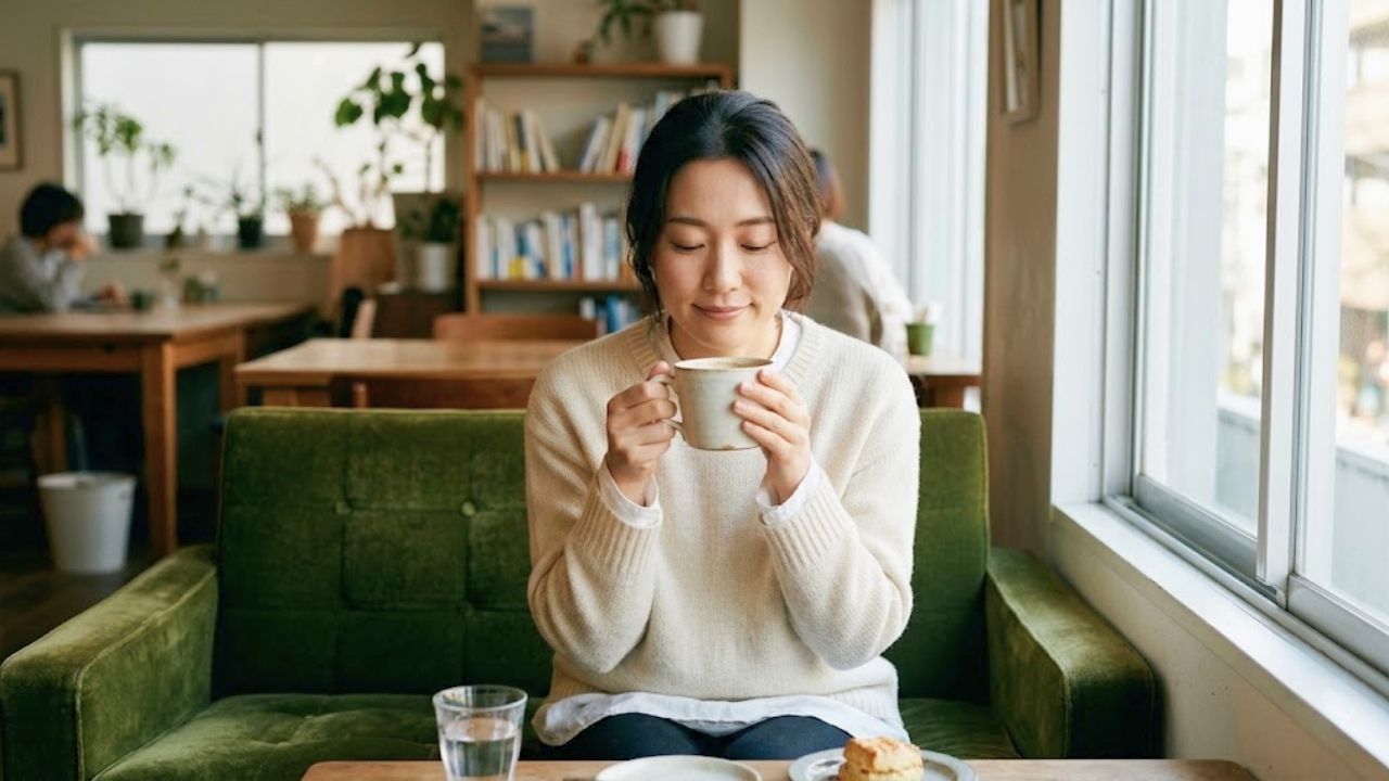婚活の疲れや完璧主義を手放し、温かい飲み物を手にホッと一息ついて冷静に自分を見つめ直す30代女性のイメージ