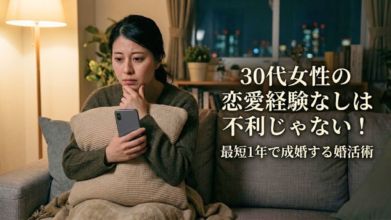 30代女性の恋愛経験なしは不利じゃない！最短1年で成婚する婚活術（夜の自宅で一人、恋愛や結婚について深く悩んでいる30代女性とタイトルがデザインされたアイキャッチ画像）