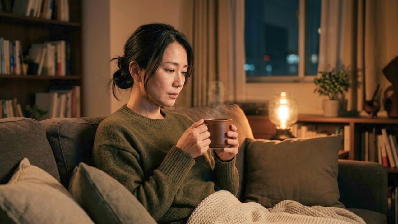 夜の静かな部屋で、婚活の現実や年齢の壁に対する不安を抱えながらも、真剣に自分の人生と向き合う40代女性のイメージ