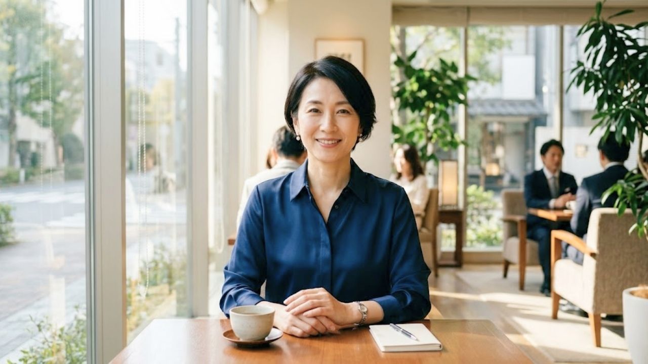 自身の自立心や誠実さを強みに変え、凛とした大人の余裕と穏やかな笑顔を見せる40代女性のイメージ