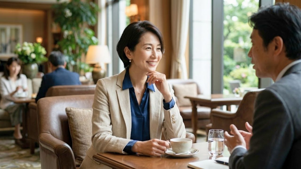 経験不足を補う傾聴力を活かし、大人の余裕を持って相手との会話や相談を楽しむ40代女性のイメージ