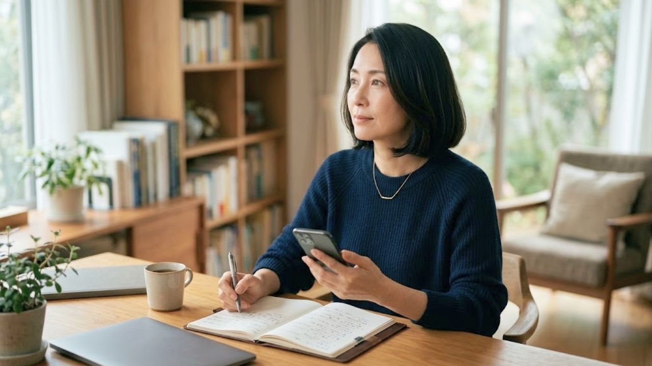 これまでの婚活でのつまずきや思い込みに気づき、スマートフォンを見つめながら冷静に改善策を考える40代女性のイメージ