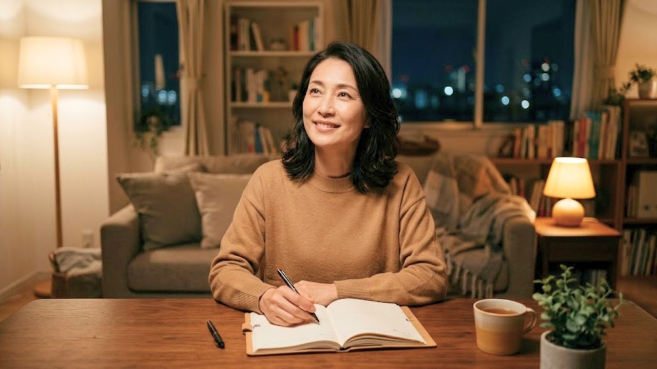 夜の不安を手放し、手帳を開いて1年後の成婚に向けた希望に満ちた笑顔を見せる40代女性のイメージ