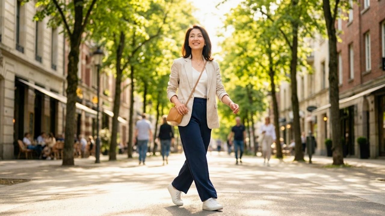 夜の不安を手放し、大人の余裕と自信を持って新しい未来（成婚）へ一歩を踏み出す40代女性の晴れやかなイメージ