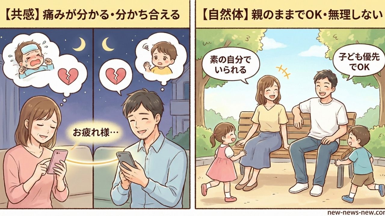 シングルマザーがシングルファーザーを選ぶ理由を説明した2コマ漫画風イラスト。左側は「【共感】痛みが分かる・分かち合える」と題し、夜にスマホで互いの育児の苦労や過去の傷をねぎらう様子。右側は「【自然体】親のままでOK・無理しない」と題し、公園で子どもたちを遊ばせながらリラックスして過ごす様子が描かれている。