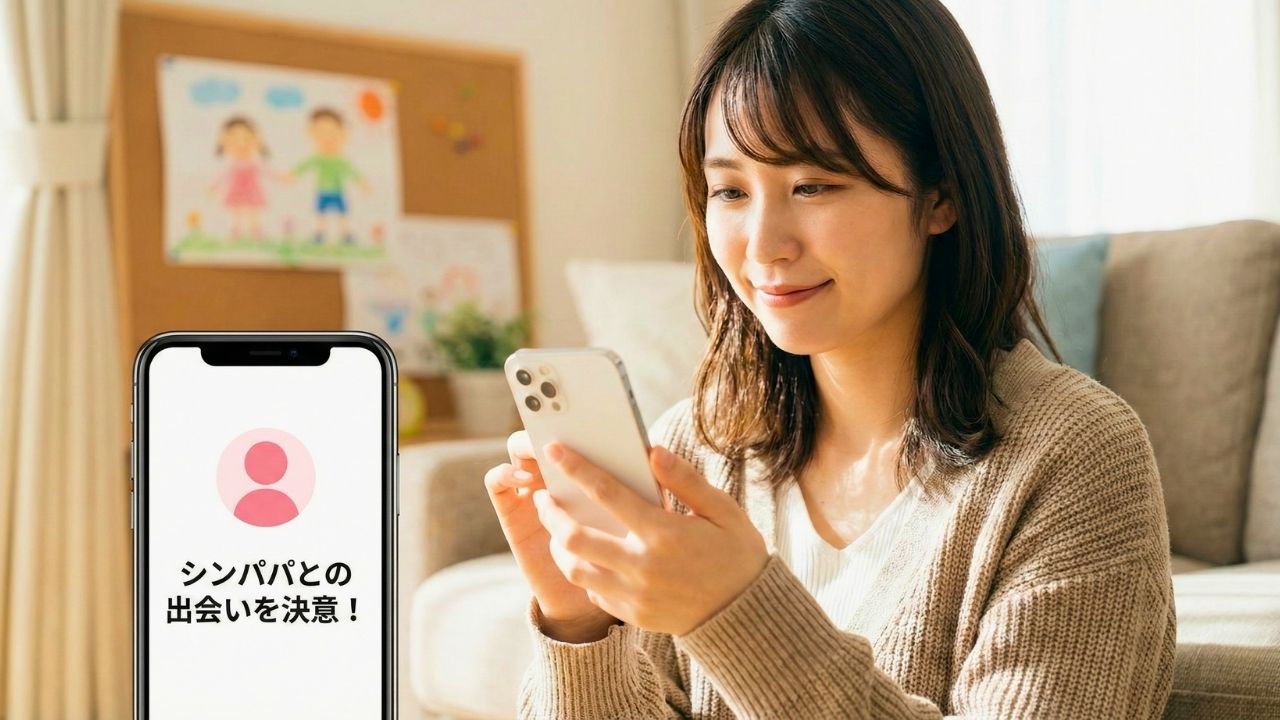 リビングでスマートフォンを操作し、「シンパパとの出会いを決意！」というアプリ画面を見つめて穏やかに微笑む20代後半の日本人シングルマザー。