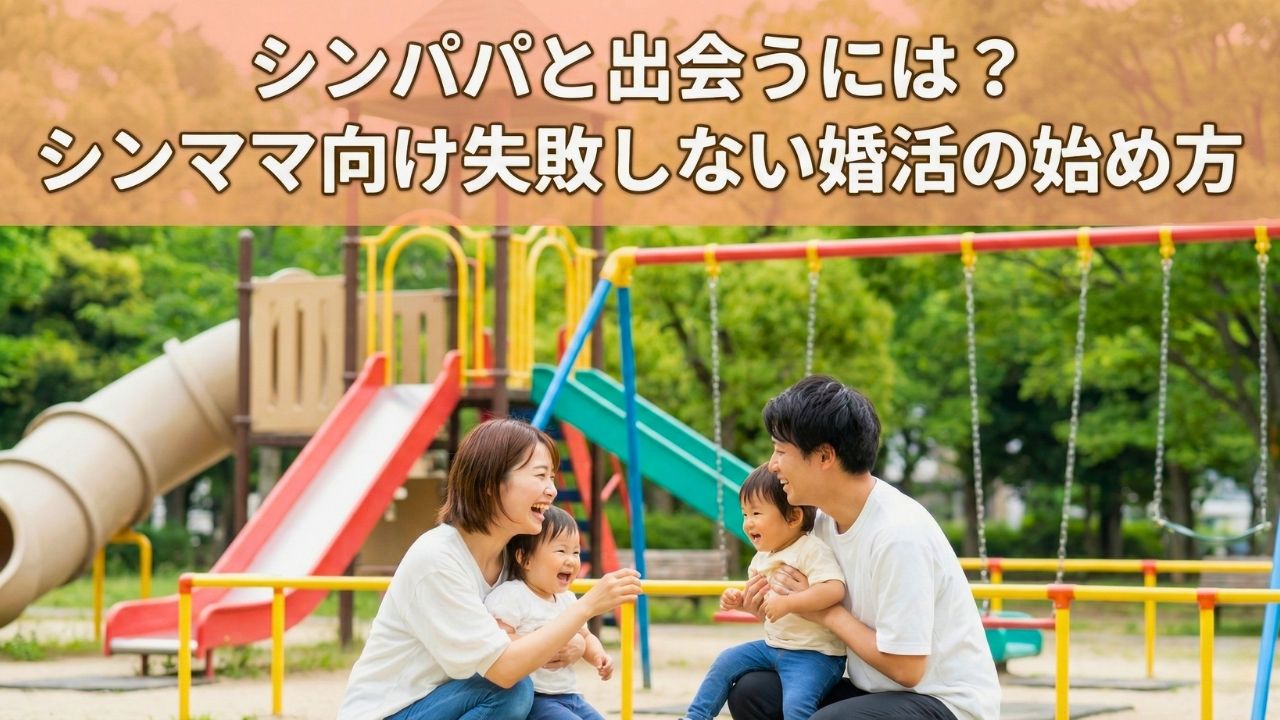 公園の遊具の前で楽しそうに遊ぶ20代前半のシングルマザーとシングルファーザー、そして子どもたちの写真。「シンパパと出会うには？シンママ向け失敗しない婚活の始め方」というタイトルが入ったアイキャッチ画像。