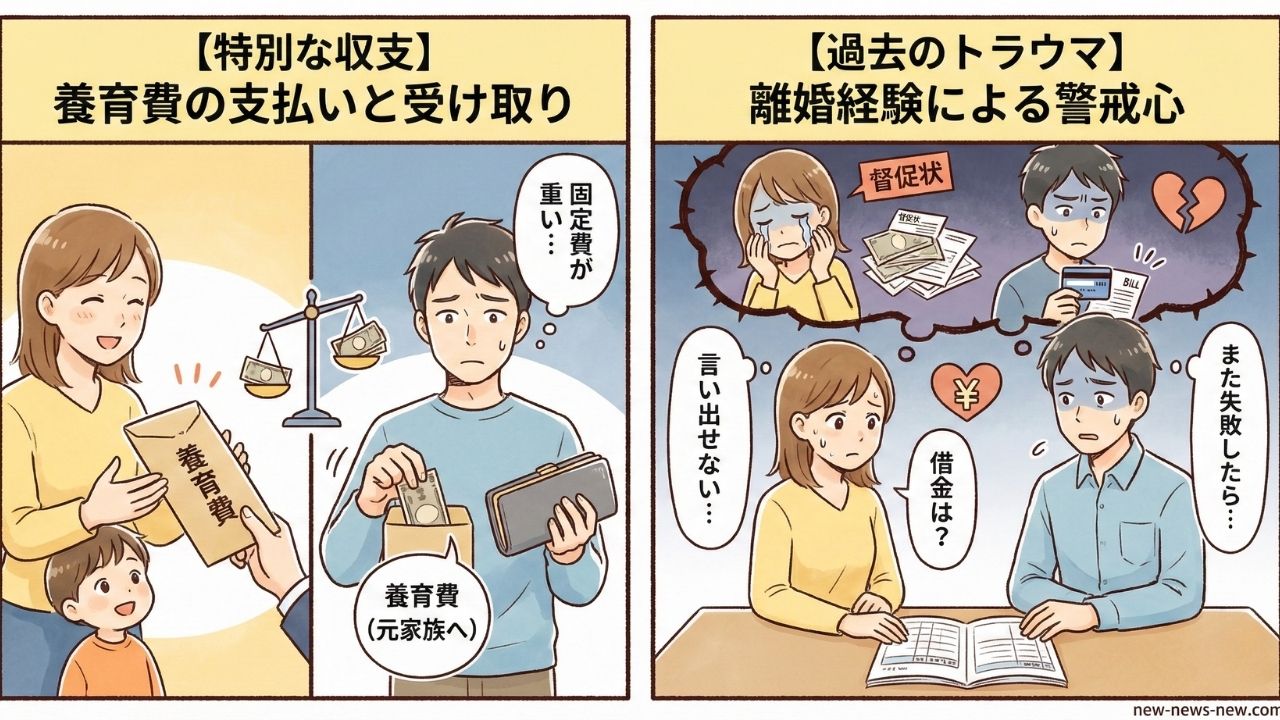シングル同士の再婚でお金が壁になる理由を説明した2コマ漫画風イラスト。左側は「【特別な収支】養育費の支払いと受け取り」と題し、元配偶者との養育費のやり取りによる複雑な収支バランスを、右側は「【過去のトラウマ】離婚経験による警戒心」と題し、借金や督促状の記憶からお金の話を言い出せない様子が描かれている。