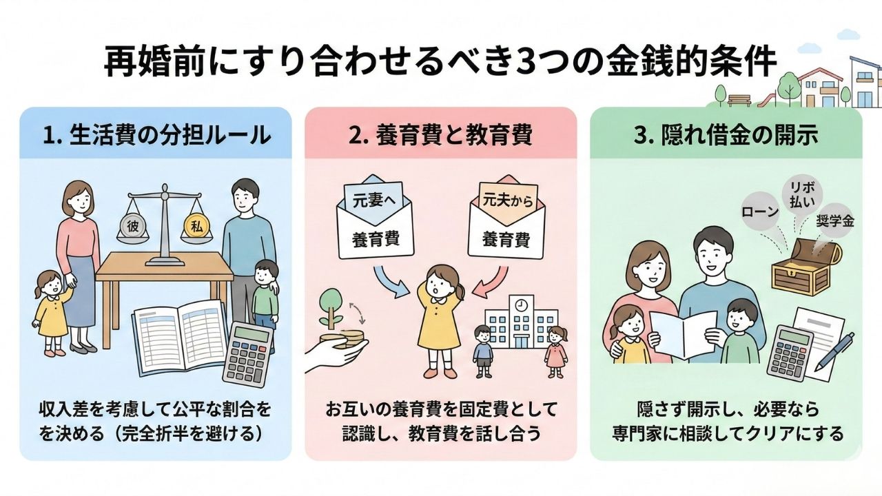 「再婚前にすり合わせるべき3つの金銭的条件」のイラスト解説。1. 収入差を考慮した「生活費の分担ルール」、2. お互いの現状を把握する「養育費と教育費」、3. ローンや奨学金などの「隠れ借金の開示」。これらを結婚前に話し合い、専門家に相談する重要性を3つのポイントで説明している。