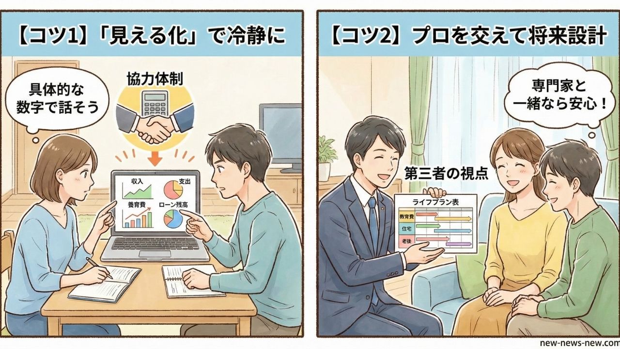 お金について揉めずに話し合うコツを解説した2コマ漫画風イラスト。左側は「【コツ1】『見える化』で冷静に」と題し、カップルがパソコンで収入や支出、養育費、ローン残高などの具体的な数字をグラフ化して協力体制を作っている様子。右側は「【コツ2】プロを交えて将来設計」と題し、第三者である専門家(FP)からライフプラン表を見せてもらいながら、笑顔で安心して将来設計をしている様子が描かれている。