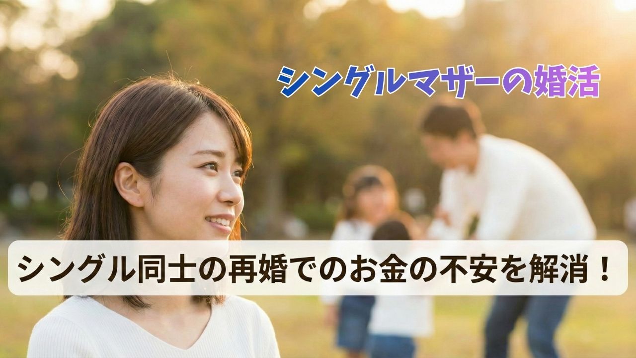 「シングル同士の再婚でのお金の不安を解消！」というテキストが上部に配置されたアイキャッチ画像。手前には、少し不安げな表情を浮かべつつも微笑む20代のシングルマザーが鮮明に写っており、背景にはシングルファーザーと2人の子どもたちが公園で楽しく遊んでいる様子がぼかして描かれている。