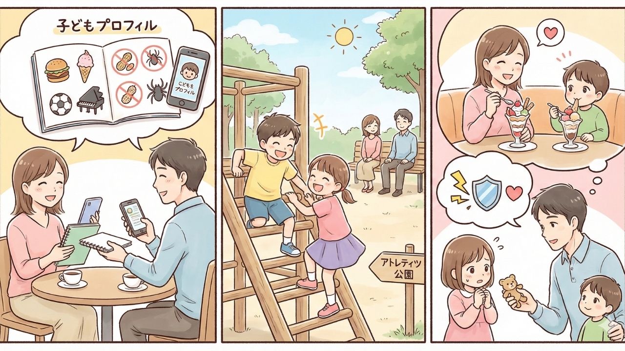 子どもたちが心を開くまでの3つの初期戦略を解説した3コマ漫画風イラスト。左のコマは「事前情報共有」として、親同士が子どもの好き嫌いやアレルギーをまとめたプロフィールを共有している様子。中央のコマは「最適な場所」として、アスレチック公園で子どもたちが主体的に遊び、親が少し離れたベンチから見守っている様子。右のコマは「嫉妬心を乗り越えるケア」として、実親と子どもの1対1の時間（パフェを食べる様子）を確保しつつ、新しいパートナーが相手の子どもに優しく歩み寄って信頼関係を築こうとする様子が描かれている。