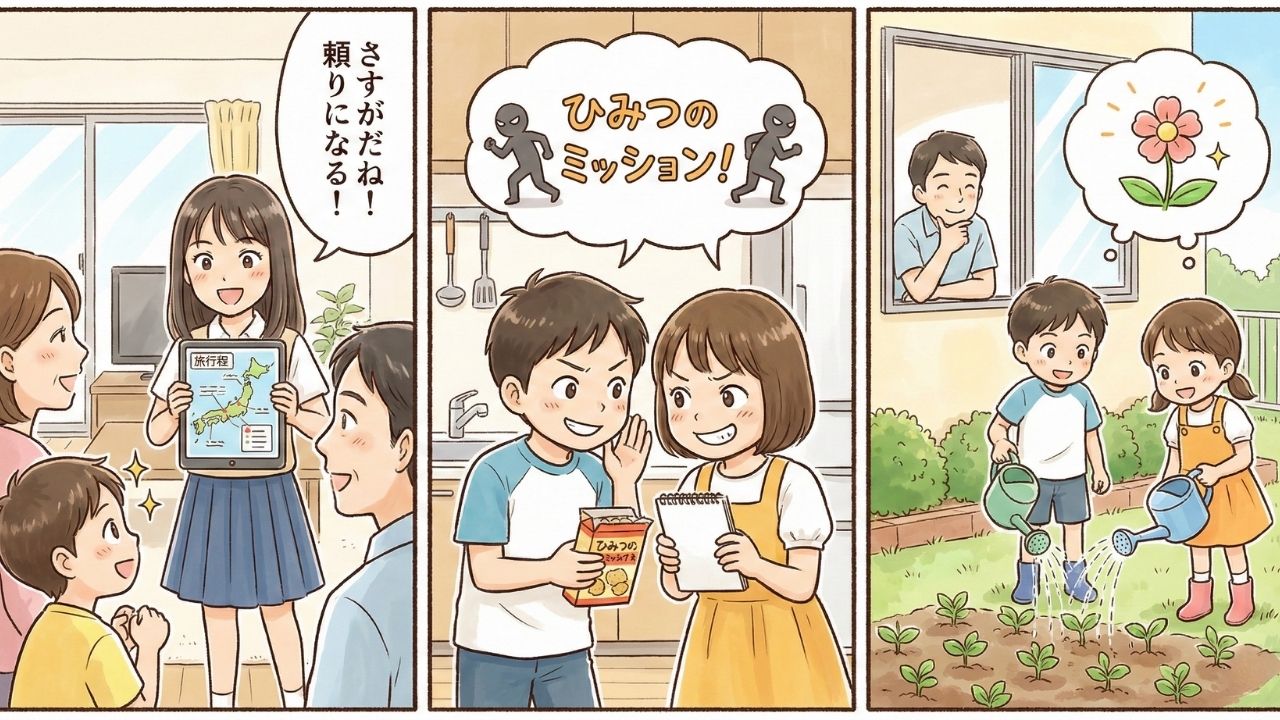 連れ子同士が仲良くなるための状況別アプローチを描いた3コマ漫画風イラスト。左のコマは、旅行の計画という特別な役割を任された年上の子が親に褒められ、自信を持っている様子。中央のコマは、年齢の近い子どもたちが「ひみつのミッション」で協力し合う様子。右のコマは、共同作業（水やり）を通じて自然に絆を深める子どもたちと、それを見守る親の様子。