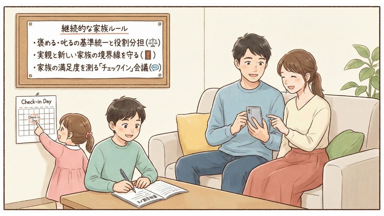 「継続的な家族ルール」が書かれたボードが壁に掛かるリビングで、和やかに過ごす家族4人（父、母、息子、娘）のイラスト。両親はスマートフォンを一緒に見て情報を共有し、息子はテーブルでノートを開き、娘はカレンダーの「Check-in Day（家族会議の日）」を指差している。再婚後に家族の調和を保つための3つのルール（叱る基準の統一、境界線を守る、チェックイン会議）を実践し、コミュニケーションを大切にする日常風景を描いている。