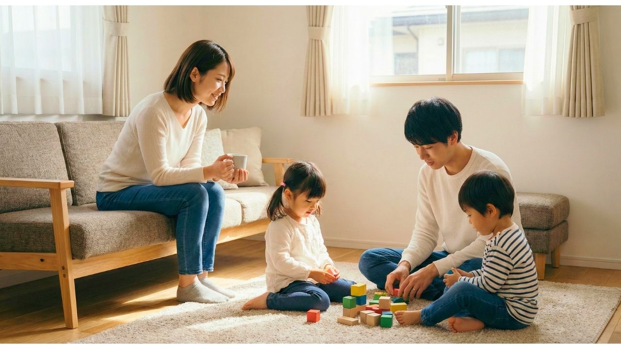 マグカップを手にソファに座り、ラグの上で夫と幼い姉弟が和やかにブロック遊びをしている姿を、ホッとしたような優しい笑顔で見守る20代母親の写真。新しい家族が築いた温かい日常の風景。