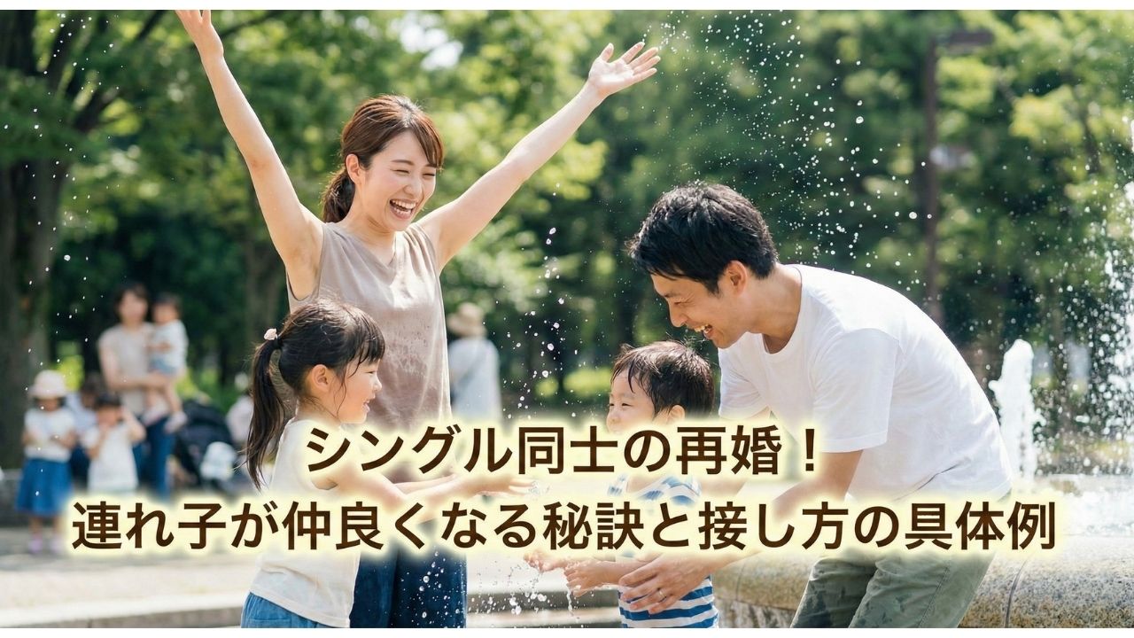 「シングル同士の再婚！連れ子が仲良くなる秘訣と接し方の具体例」というタイトル文字が入った、夏の公園の噴水で楽しそうに水遊びをする4人家族（両親と姉弟）のアイキャッチ画像。