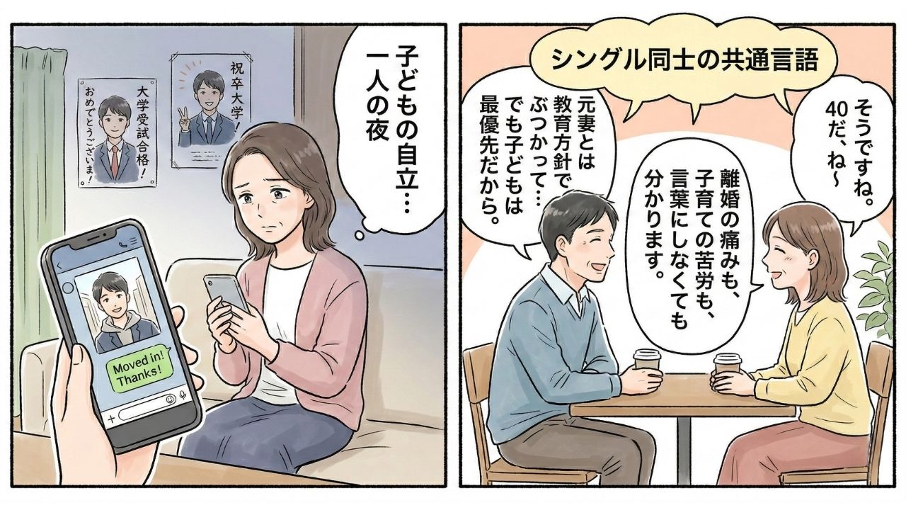 40代シングルマザーの再婚をテーマにした2枚のマンガ風イラスト。 左のパネル： 居間のソファーに座り、寂しげな表情でスマートフォンを見つめる40代の女性。スマートフォン画面には「Moved in! Thanks!」という息子からの引っ越し完了メッセージが表示されており、彼女の上には「子どもの自立…一人の夜」という思考吹き出しがある。背景の壁には息子の成長を捉えた写真が飾られている。 右のパネル： 同じ女性がカフェで同年代の男性と向かい合って座り、和やかに会話している。二人の上には「シングル同士の共通言語」という共通の吹き出しがある。男性は「元妻とは教育方針でぶつかって…でも子どもは最優先だから。」と語り、女性は「そうですね。離婚の痛みも、子育ての苦労も、言葉にしなくても分かります。」と共感している。 子どもの自立による孤独と、共通の経験を持つパートナーとの出会いによる深い共感を描いている。
