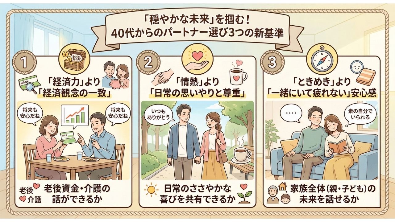 「穏やかな未来」を掴むための、40代からのパートナー選び3つの新基準をまとめた図解イラスト。1.老後資金や介護の話ができる「経済観念の一致」、2.散歩やコーヒーなど日常のささやかな喜びを共有できる「思いやりと尊重」、3.素の自分でいられる「一緒にいて疲れない安心感」の3つのポイントを、同年代カップルの仲睦まじい様子とともに解説している。