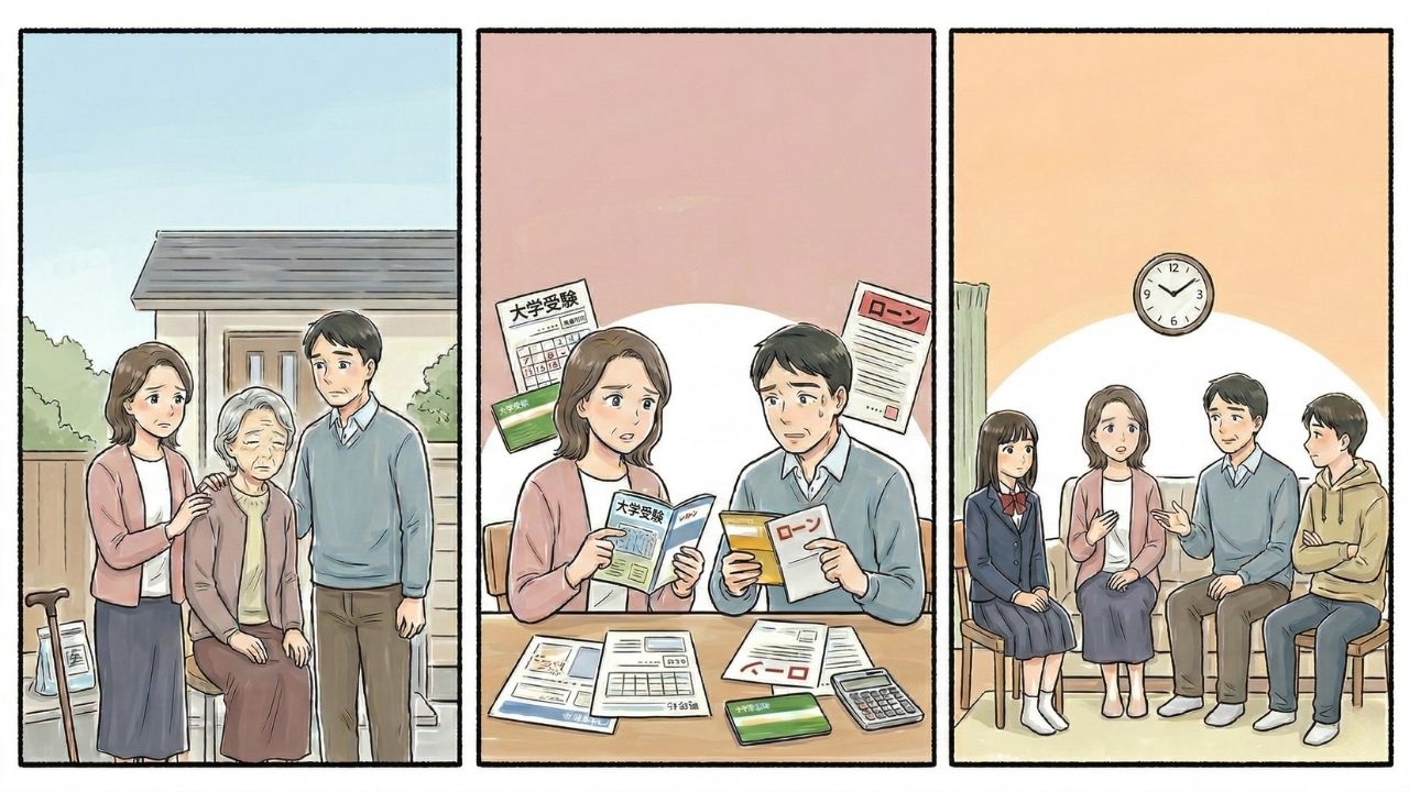 40代シングルカップルの再婚における3つのリアルな課題（親の介護と同居、教育費と隠れ借金、大きい子どもへの報告）をマンガ風に描いたイラスト図解。