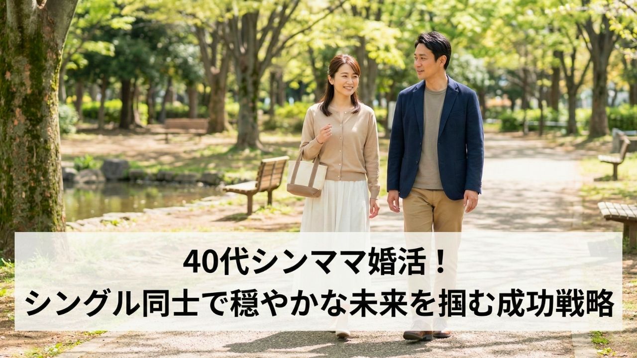 Gemini の回答 木漏れ日が差し込む緑豊かな日本の公園の遊歩道を、自然な笑顔で会話しながらゆっくりと歩く、若々しく見える40代のシングルマザーとシングルファーザーのカップル。女性はベージュのカーディガンと白いロングスカート、男性はネイビーのジャケットとチノパン姿。下部中央に「40代シンママ婚活！」「シングル同士で穏やかな未来を掴む成功戦略」という日本語のテキストが配置されている。