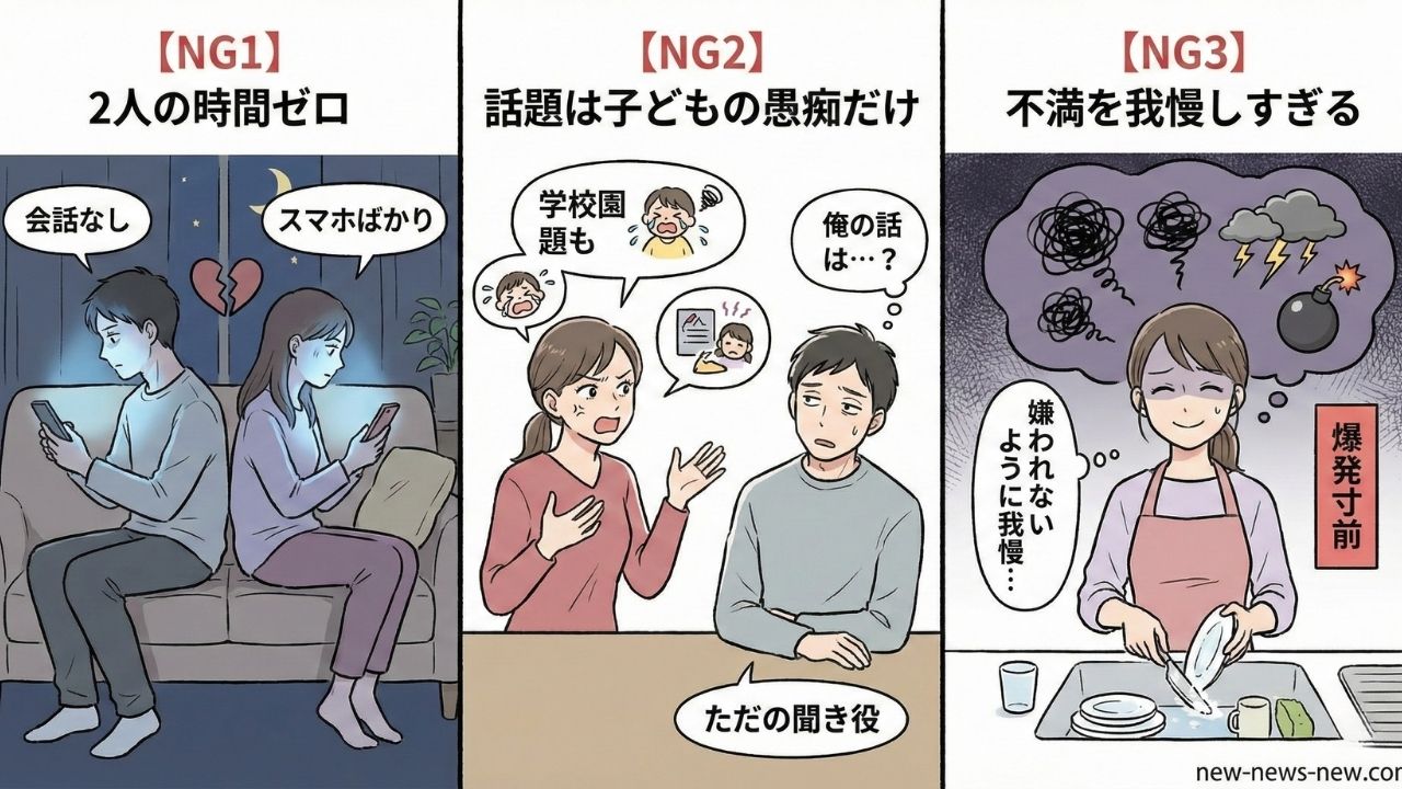 夫婦関係で避けるべき3つのNG行動(2人の時間ゼロ、話題は子どもの愚痴だけ、不満を我慢しすぎる)をイラストで解説した図解。