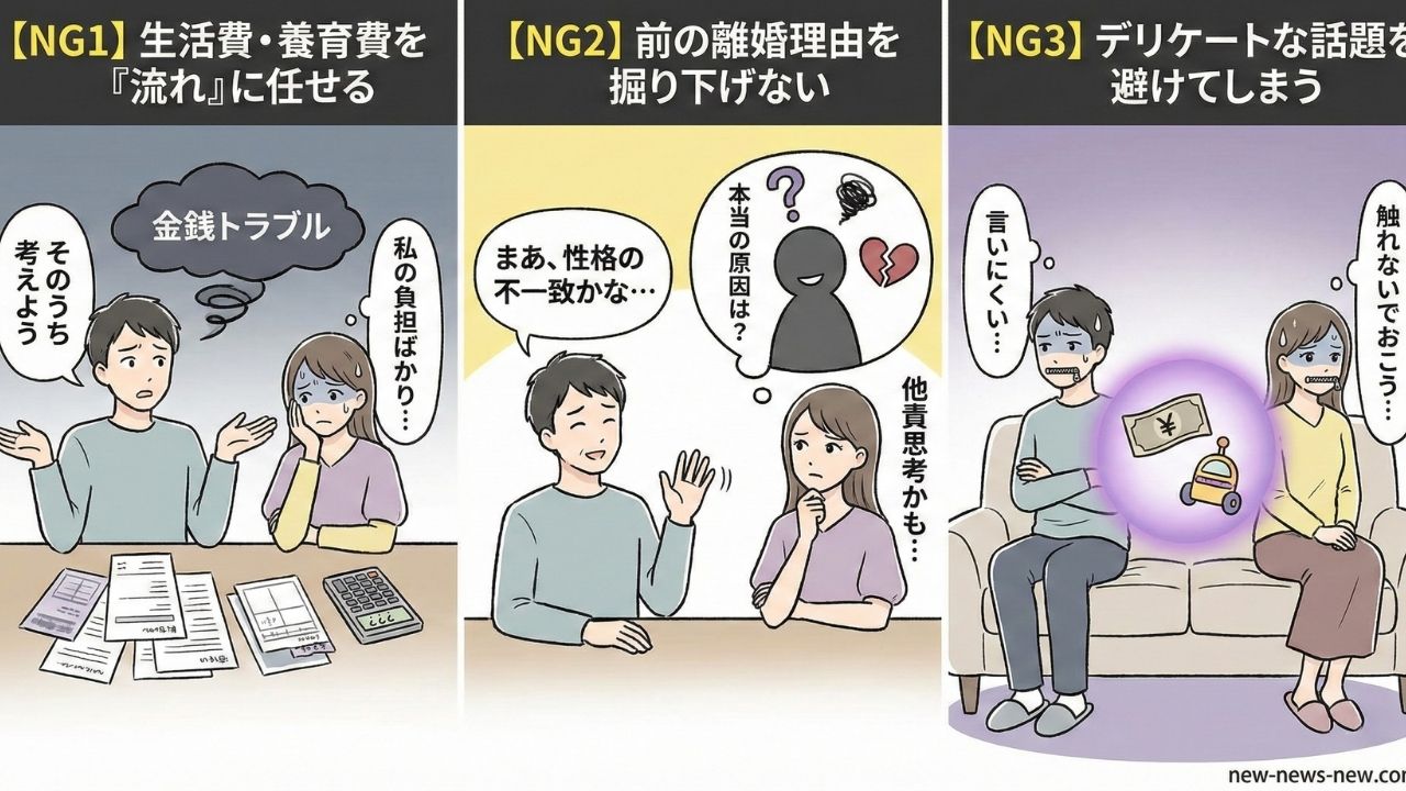 価値観やお金に関する3つのNG行動(生活費・養育費を「流れ」に任せる、前の離婚理由を掘り下げない、デリケートな話題を避けてしまう)をイラストで解説した図解。