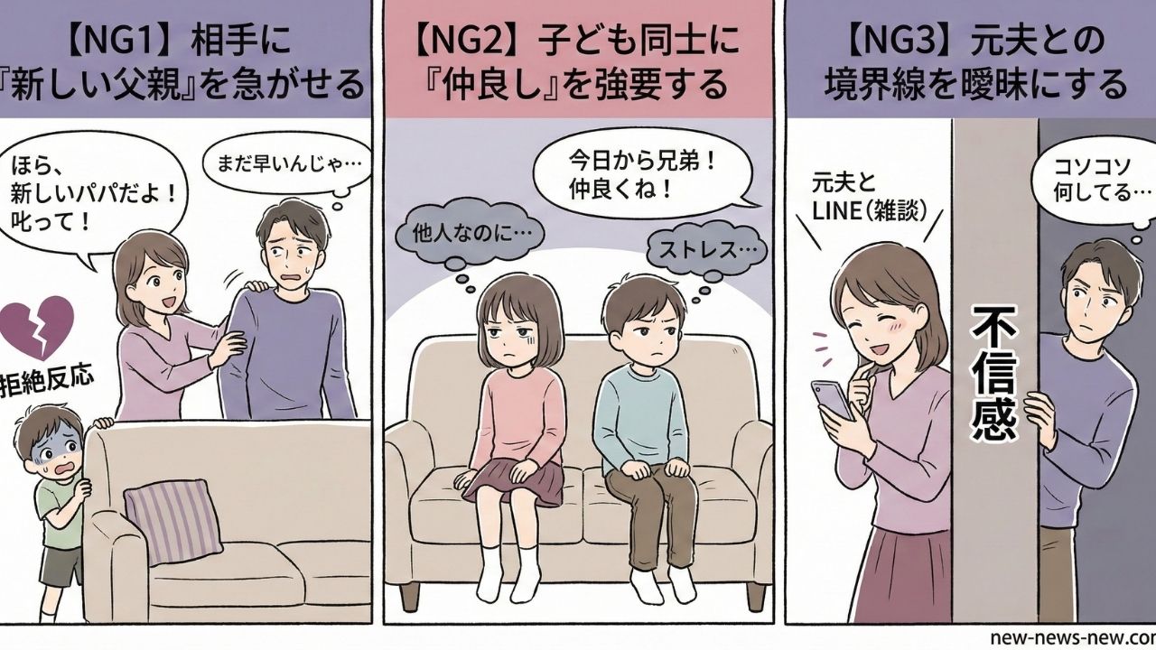 子どもや元夫に関する3つのNG行動(「新しい父親」になることを急がせる、子ども同士に「仲良し」を強要する、元夫との境界線を曖昧にする)をイラストで解説した図解。