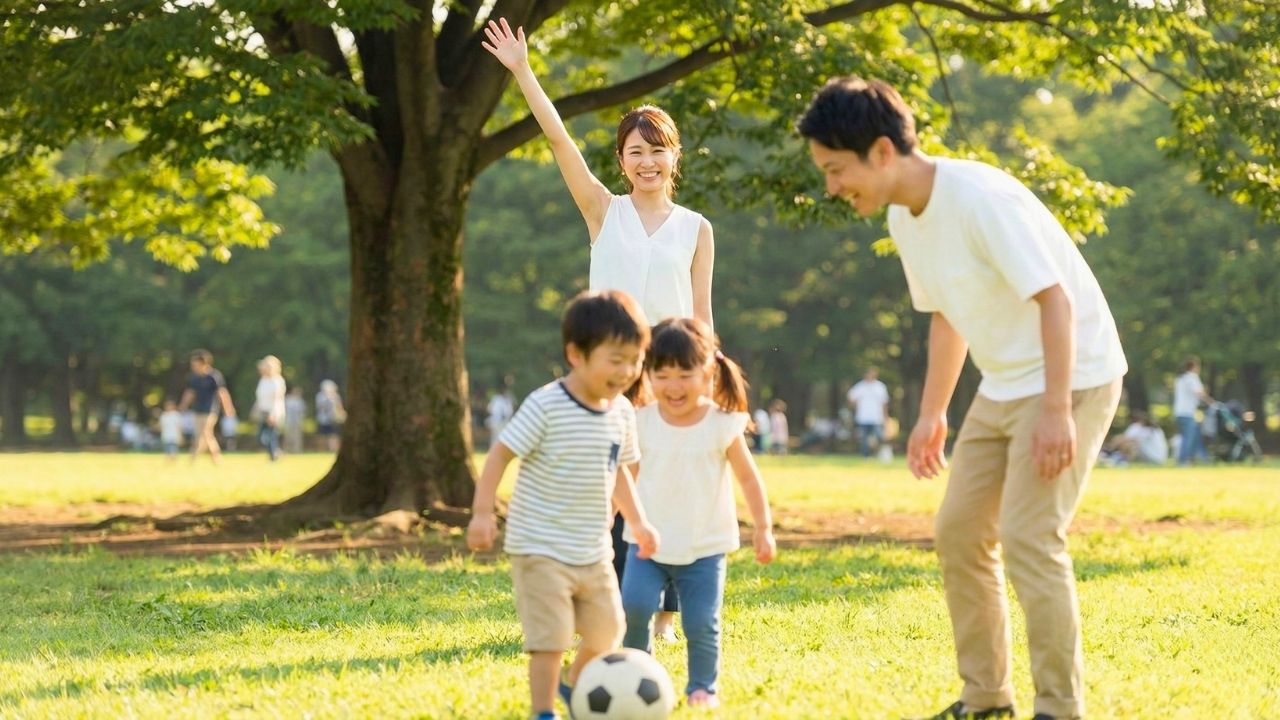 公園でボール遊びをするシングルファーザーと子どもたちを見守りながら、笑顔で手を振るシングルマザーの写真。シングル同士の再婚をイメージ。