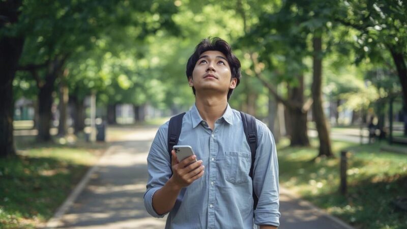 緑が多い公園で自分における理想の普通の女性をイメージする婚活男性｜新しい自分へ